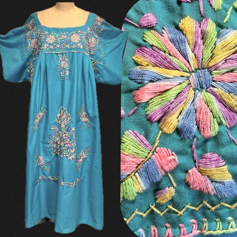 VINTAGE Mexican folk art embroider floral long house dress kaftan caftan muumuu